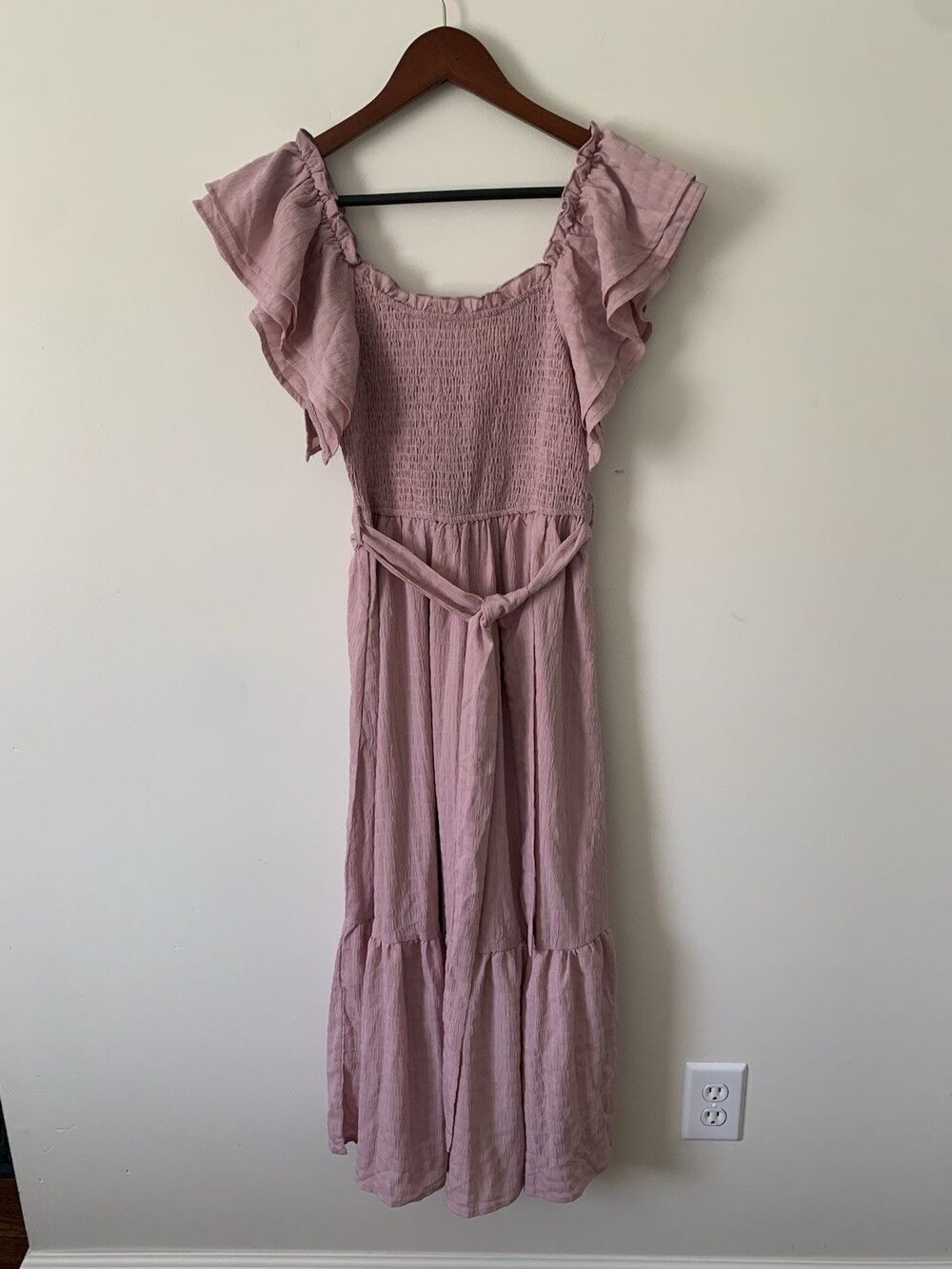 Escalier Blush Pink Smocked Flutter Sleeve Tiered Midi Dress with Tie Waist NWT